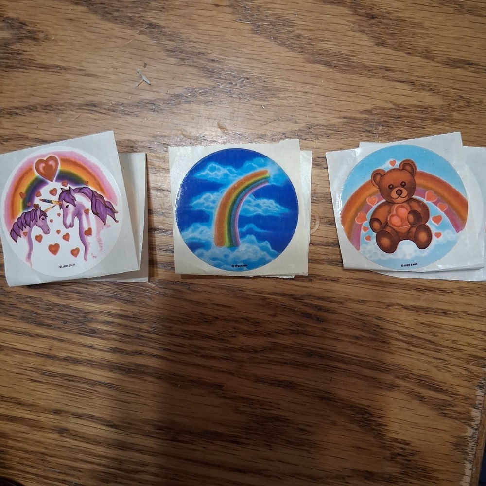 3 Vintage‎ 80s Stickers Rainbow Unicorn Teddy Bear NOS